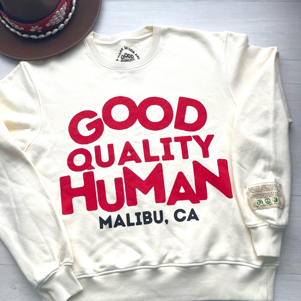 GOOD QUALITY HUMAN MALIBU Hoodie Cream Red UNISEX Size M 100% Cotton MADE IN USA